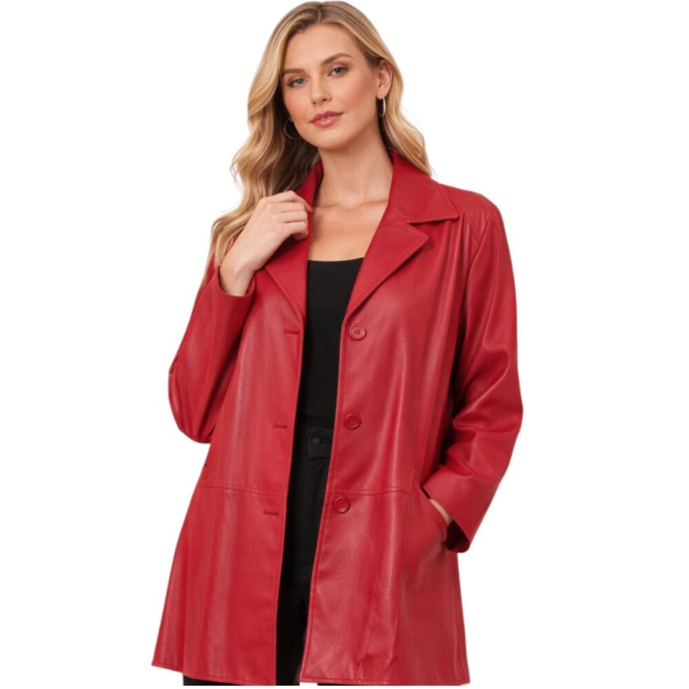 TIBCA Leathers Red Genuine Leather Blazer Jacket 14P Petite Luxury Coat - Picture 2 of 9